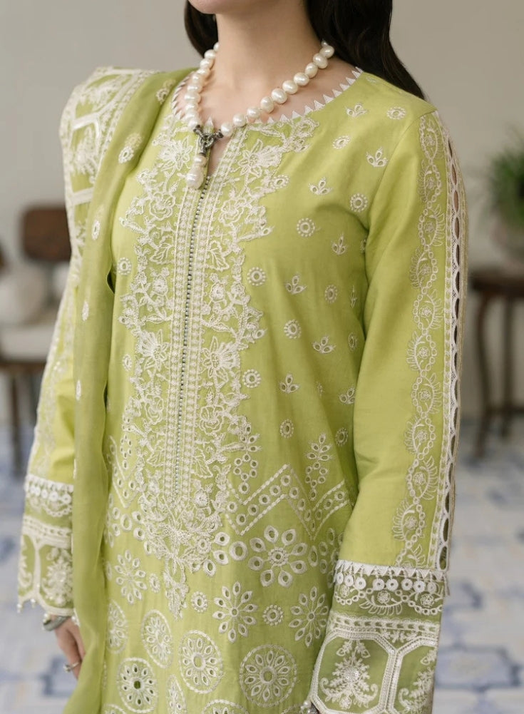 MARYAM & MARIA-3PC Light Green LAWN EMBROIDERED SHIRT WITH ORGANZA EMBROIDERED DUPATTA & TROUSER