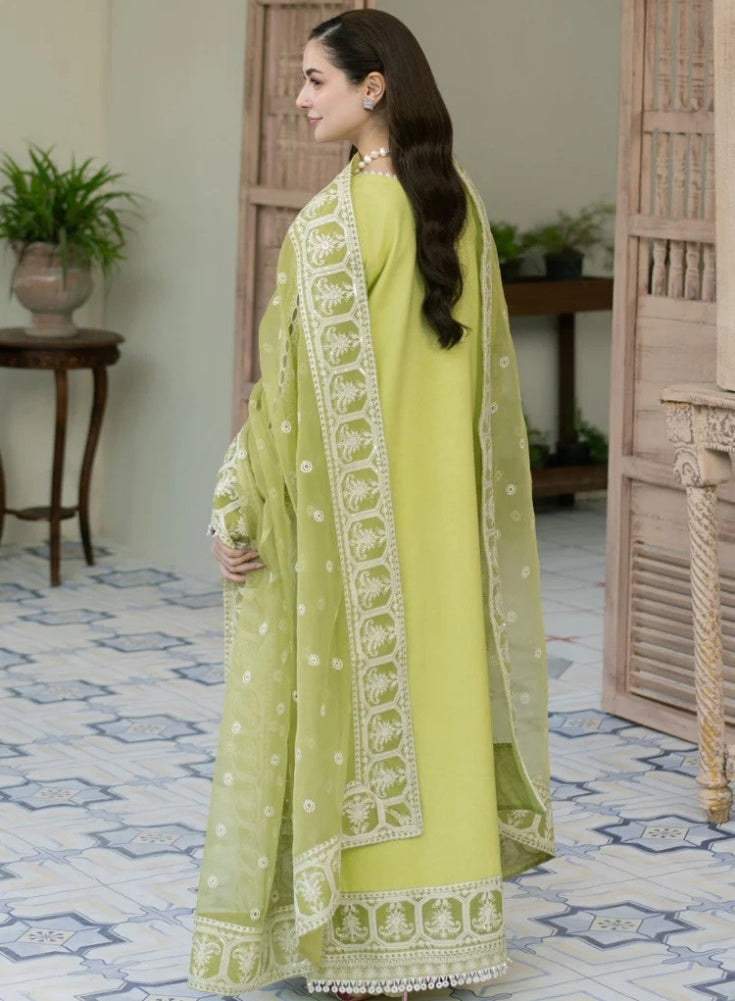 MARYAM & MARIA-3PC Light Green LAWN EMBROIDERED SHIRT WITH ORGANZA EMBROIDERED DUPATTA & TROUSER