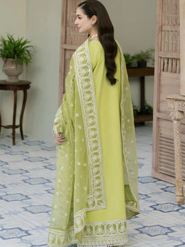 MARYAM & MARIA-3PC Light Green LAWN EMBROIDERED SHIRT WITH ORGANZA EMBROIDERED DUPATTA & TROUSER