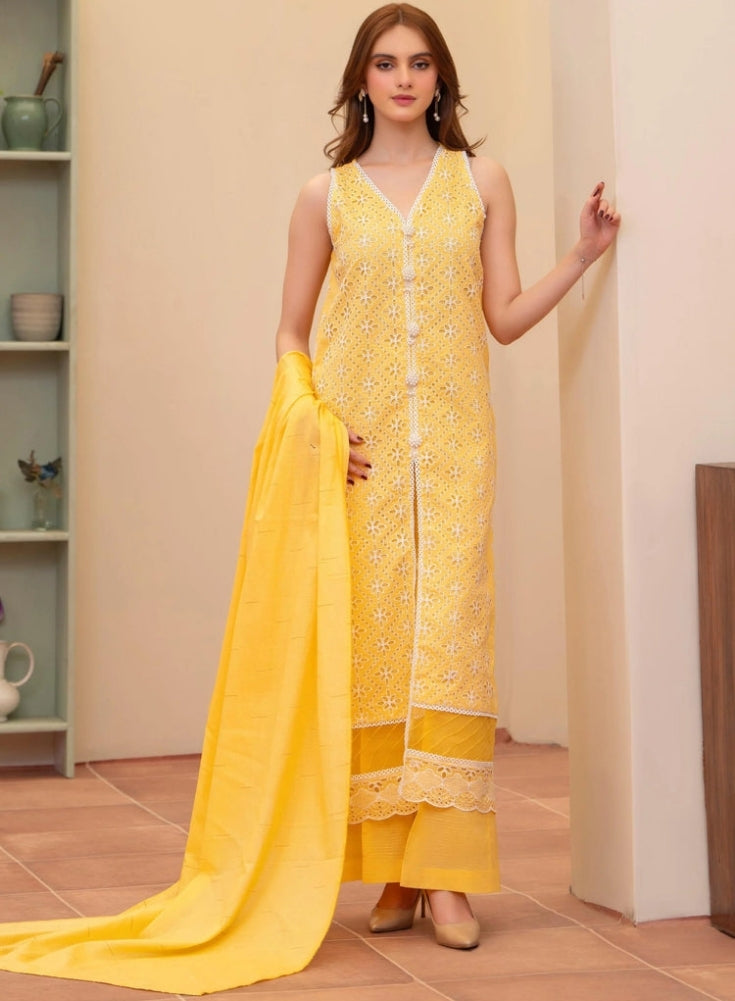 MIRAKHI - 3PC Yellow LAWN EMBROIDERED SHIRT WITH CHIFFON PRINTED DUPATTA AND TROUSER