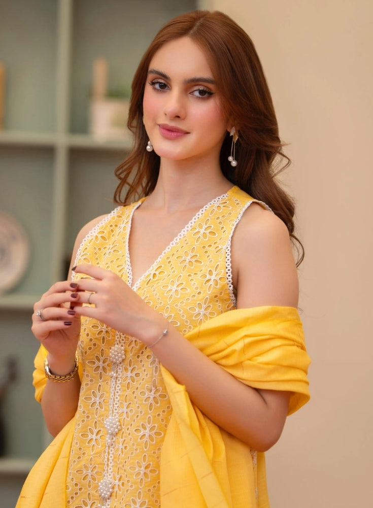 MIRAKHI - 3PC Yellow LAWN EMBROIDERED SHIRT WITH CHIFFON PRINTED DUPATTA AND TROUSER