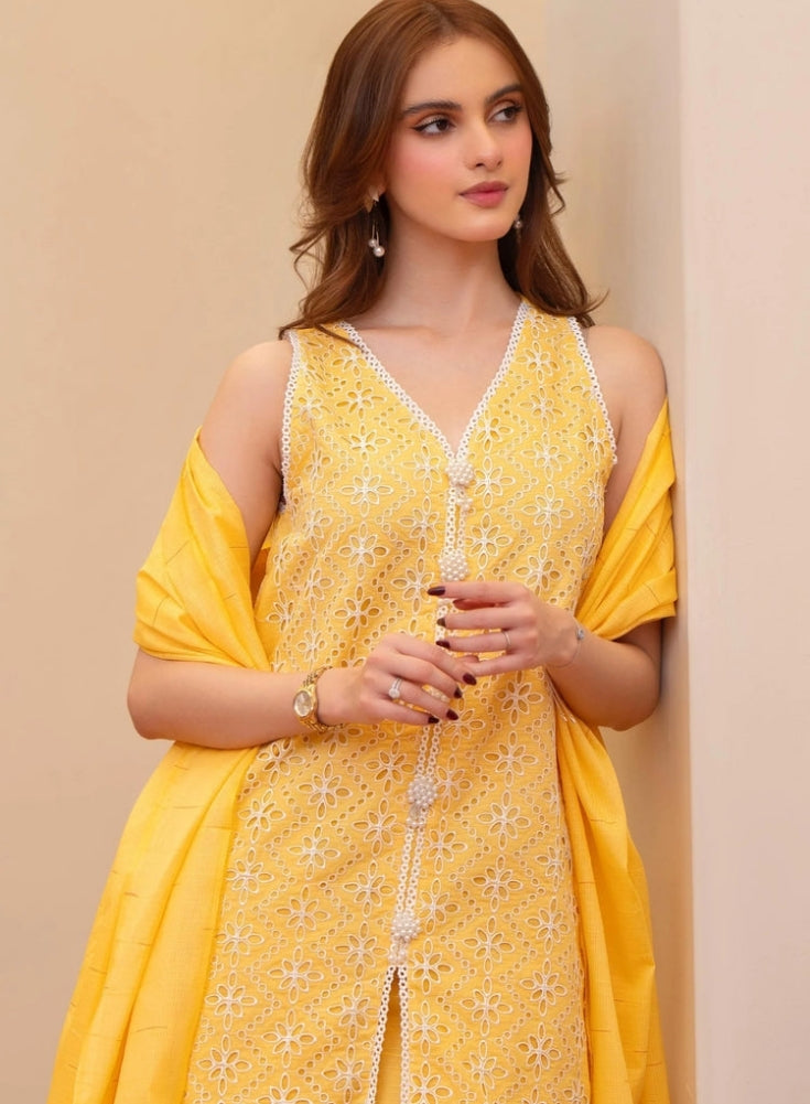 MIRAKHI - 3PC Yellow LAWN EMBROIDERED SHIRT WITH CHIFFON PRINTED DUPATTA AND TROUSER
