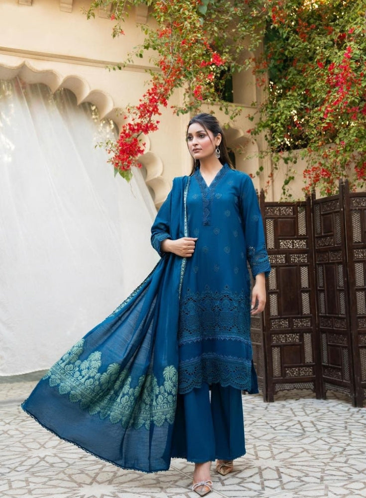 MIRAKHI-3PC LAWN CHIKENKARI EMBROIDERED SHIRT WITH LAWN JACQUARD PRINT DUPATTA