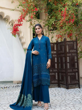 MIRAKHI-3PC LAWN CHIKENKARI EMBROIDERED SHIRT WITH LAWN JACQUARD PRINT DUPATTA