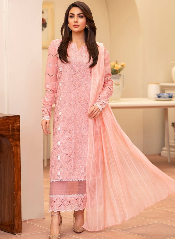 MIRAKHI-3PC LAWN CHIKENKARI EMBROIDERED SHIRT WITH LAWN TUBE SLUB DUPATTA