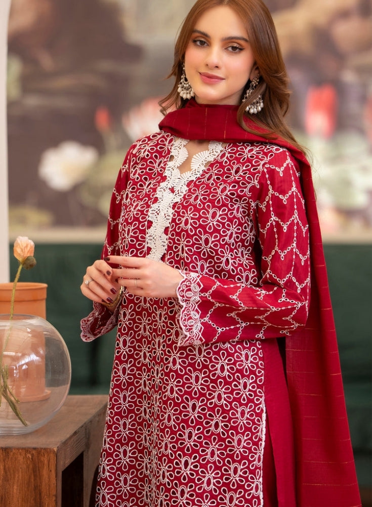 MIRAKHI-3PC LAWN CHIKENKARI EMBROIDERED SHIRT WITH LAWN TUBE SLUB DUPATTA