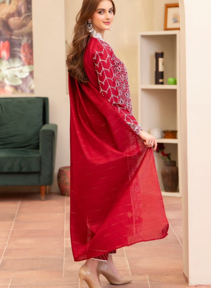 MIRAKHI-3PC LAWN CHIKENKARI EMBROIDERED SHIRT WITH LAWN TUBE SLUB DUPATTA