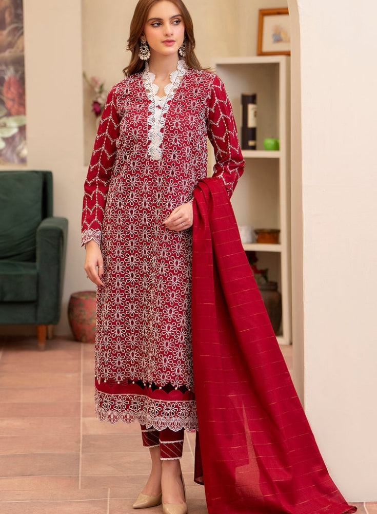 MIRAKHI-3PC LAWN CHIKENKARI EMBROIDERED SHIRT WITH LAWN TUBE SLUB DUPATTA