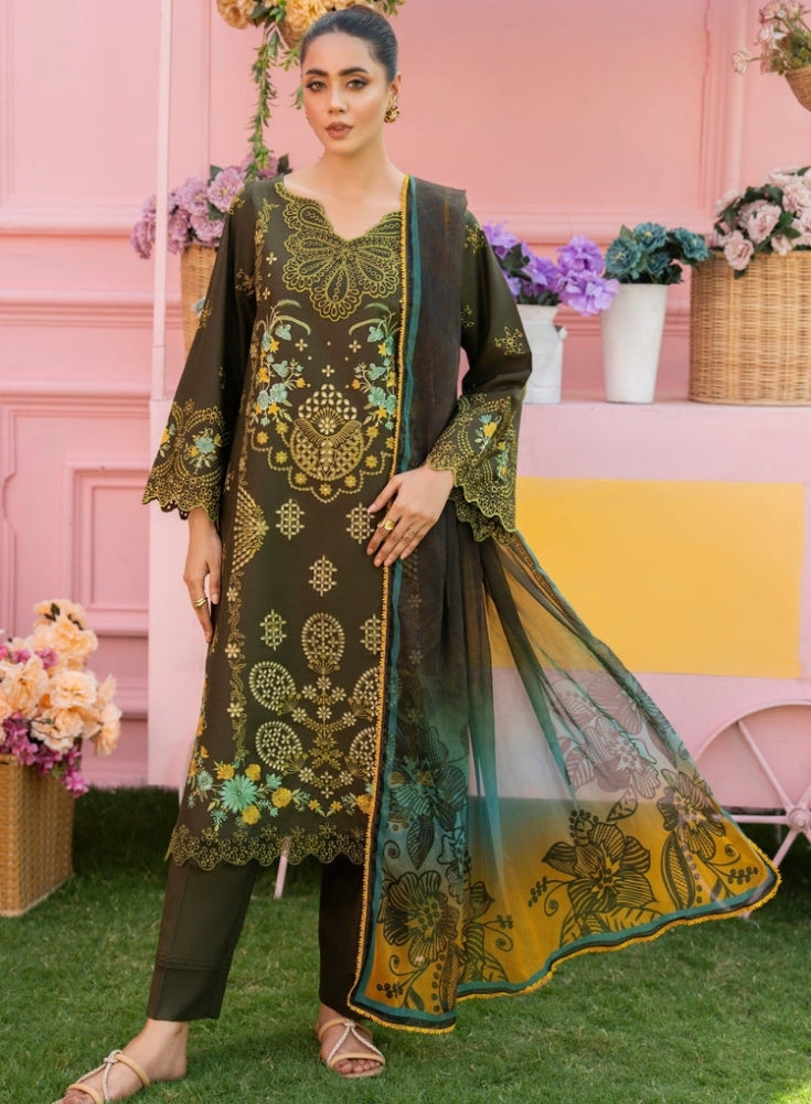 MIRAKHI - 3PC mehandi LAWN EMBROIDERED SHIRT WITH CHIFFON PRINTED DUPATTA AND TROUSER