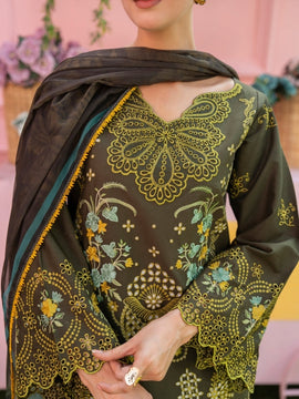 MIRAKHI - 3PC mehandi LAWN EMBROIDERED SHIRT WITH CHIFFON PRINTED DUPATTA AND TROUSER