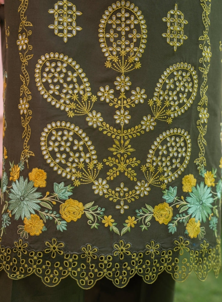 MIRAKHI - 3PC mehandi LAWN EMBROIDERED SHIRT WITH CHIFFON PRINTED DUPATTA AND TROUSER