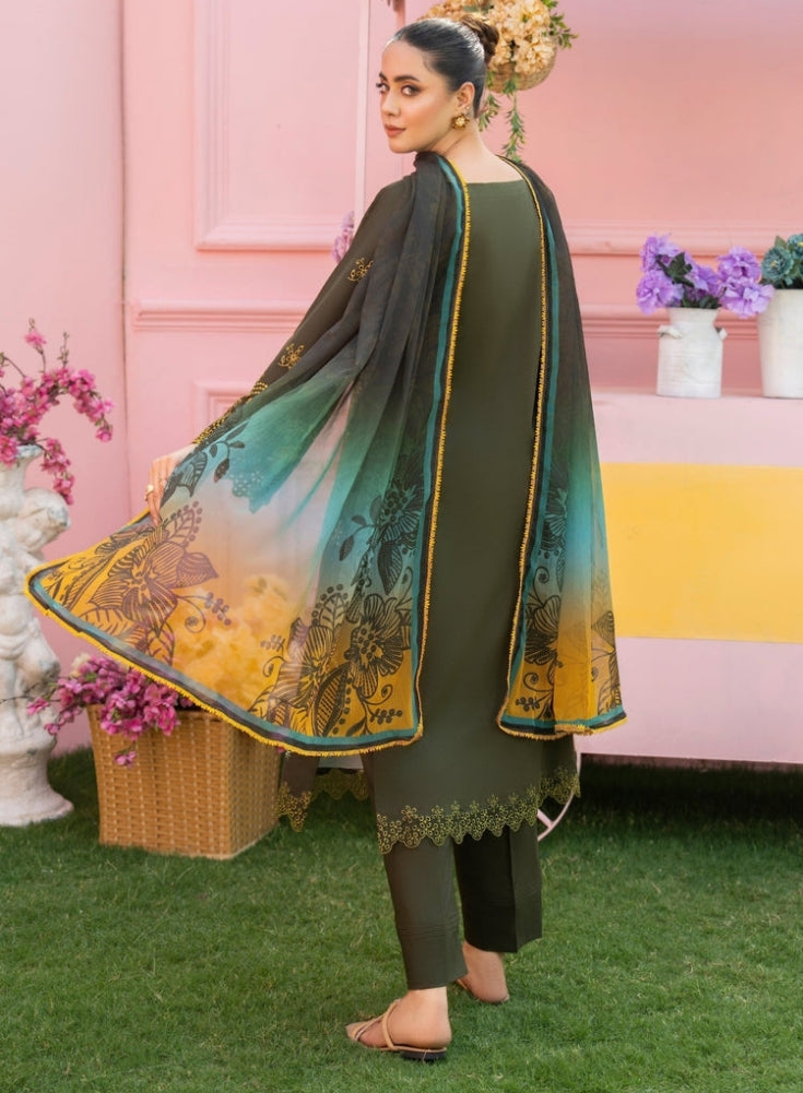 MIRAKHI - 3PC mehandi LAWN EMBROIDERED SHIRT WITH CHIFFON PRINTED DUPATTA AND TROUSER