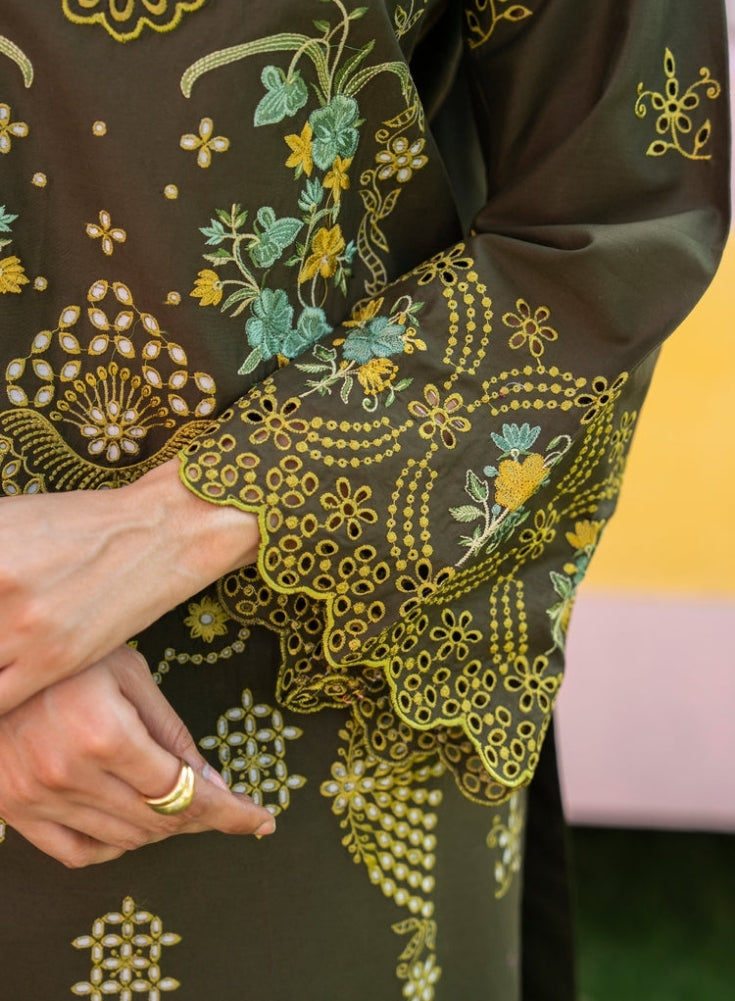 MIRAKHI - 3PC mehandi LAWN EMBROIDERED SHIRT WITH CHIFFON PRINTED DUPATTA AND TROUSER