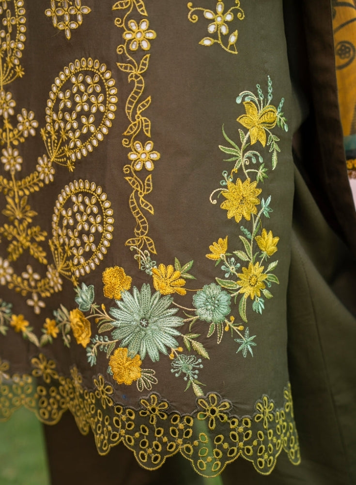 MIRAKHI - 3PC mehandi LAWN EMBROIDERED SHIRT WITH CHIFFON PRINTED DUPATTA AND TROUSER