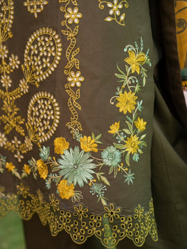 MIRAKHI - 3PC mehandi LAWN EMBROIDERED SHIRT WITH CHIFFON PRINTED DUPATTA AND TROUSER