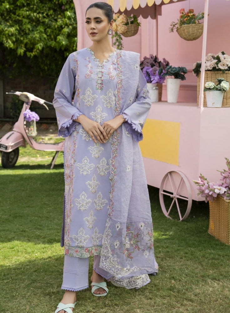 MIRAKHI-3PC Lavender LAWN EMBROIDERED SHIRT WITH KHAADI NET EMB DUPATTA & TROUSER