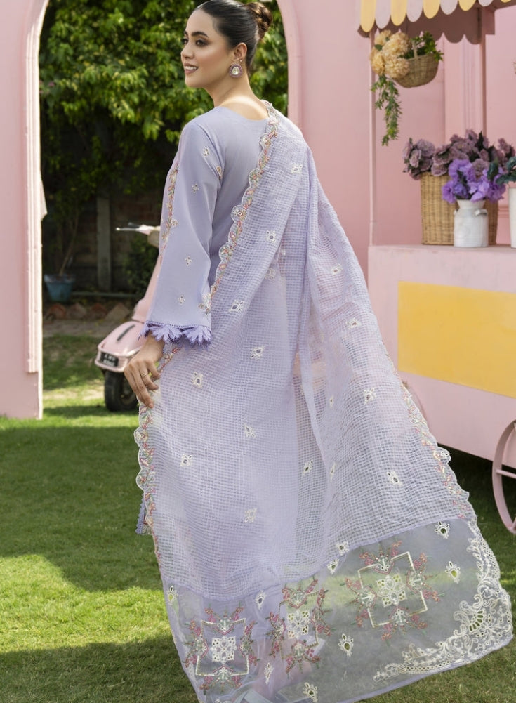MIRAKHI-3PC Lavender LAWN EMBROIDERED SHIRT WITH KHAADI NET EMB DUPATTA & TROUSER