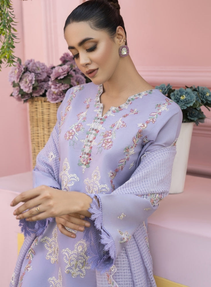 MIRAKHI-3PC Lavender LAWN EMBROIDERED SHIRT WITH KHAADI NET EMB DUPATTA & TROUSER