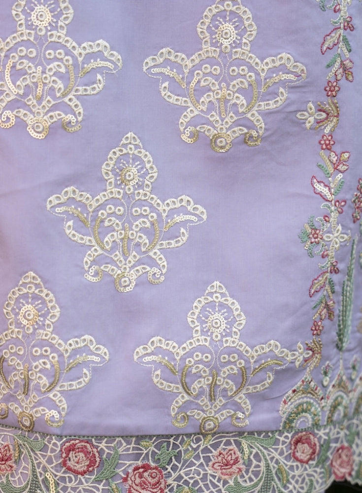 MIRAKHI-3PC Lavender LAWN EMBROIDERED SHIRT WITH KHAADI NET EMB DUPATTA & TROUSER