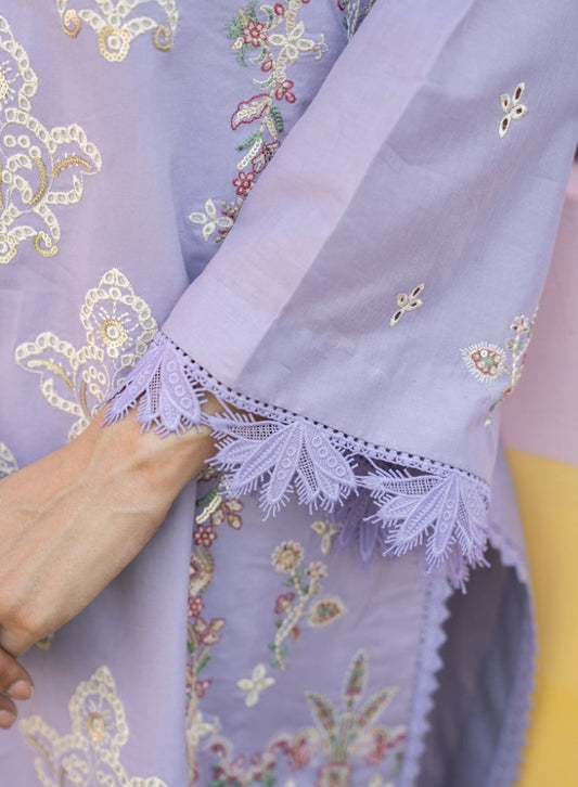 MIRAKHI-3PC Lavender LAWN EMBROIDERED SHIRT WITH KHAADI NET EMB DUPATTA & TROUSER