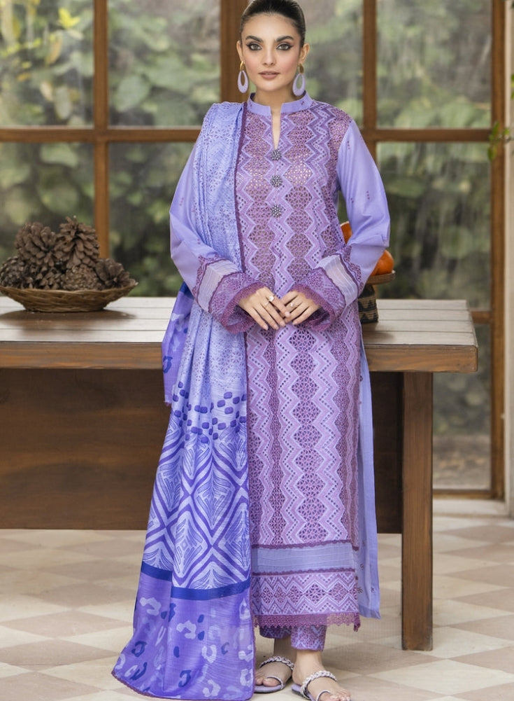 MIRAKHI-3PC Plum Lavender LAWN LASERCUT EMBROIDERED SHIRT WITH MOARK PRINT DUPATTA