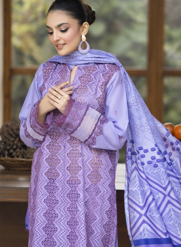 MIRAKHI-3PC Plum Lavender LAWN LASERCUT EMBROIDERED SHIRT WITH MOARK PRINT DUPATTA
