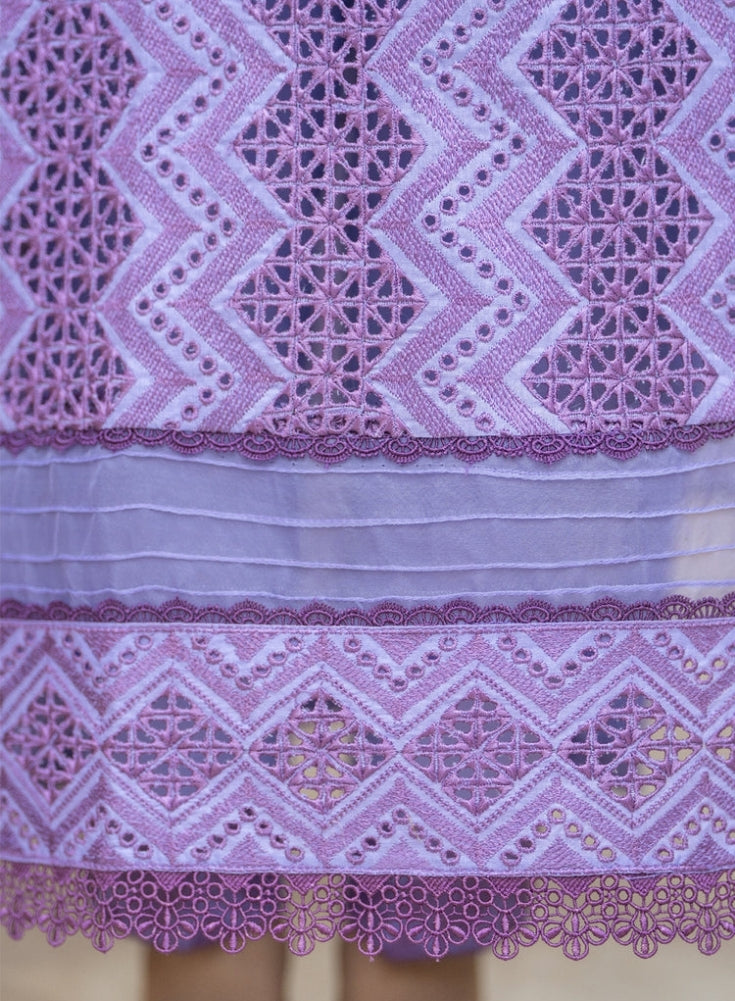MIRAKHI-3PC Plum Lavender LAWN LASERCUT EMBROIDERED SHIRT WITH MOARK PRINT DUPATTA