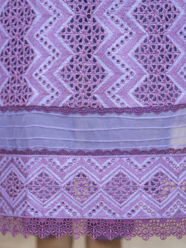 MIRAKHI-3PC Plum Lavender LAWN LASERCUT EMBROIDERED SHIRT WITH MOARK PRINT DUPATTA