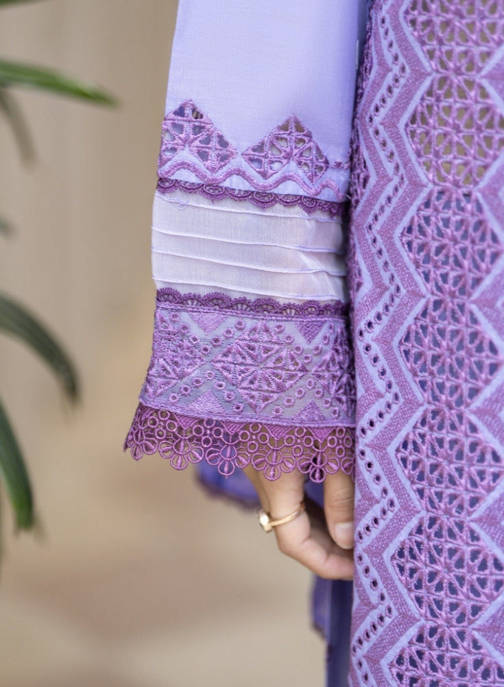 MIRAKHI-3PC Plum Lavender LAWN LASERCUT EMBROIDERED SHIRT WITH MOARK PRINT DUPATTA