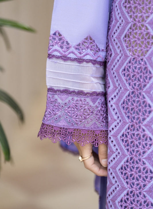 MIRAKHI-3PC Plum Lavender LAWN LASERCUT EMBROIDERED SHIRT WITH MOARK PRINT DUPATTA
