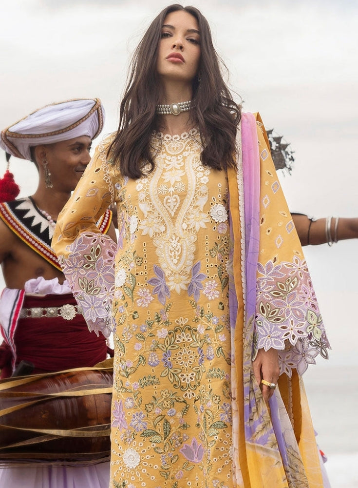 MUSHQ-3PC Yellow Lavander LAWN CHIKAN EMBROIDERED SHIRT WITH CHIFFON PRINTED DUPATTA & EMB TROUSER