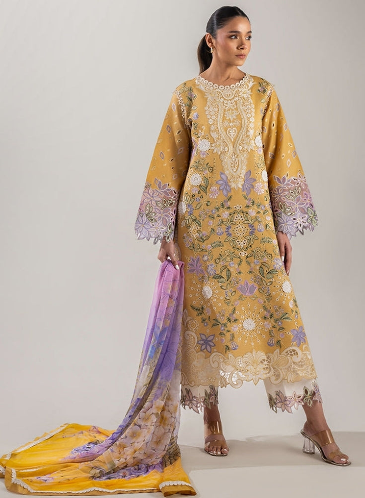 MUSHQ-3PC Yellow Lavander LAWN CHIKAN EMBROIDERED SHIRT WITH CHIFFON PRINTED DUPATTA & EMB TROUSER