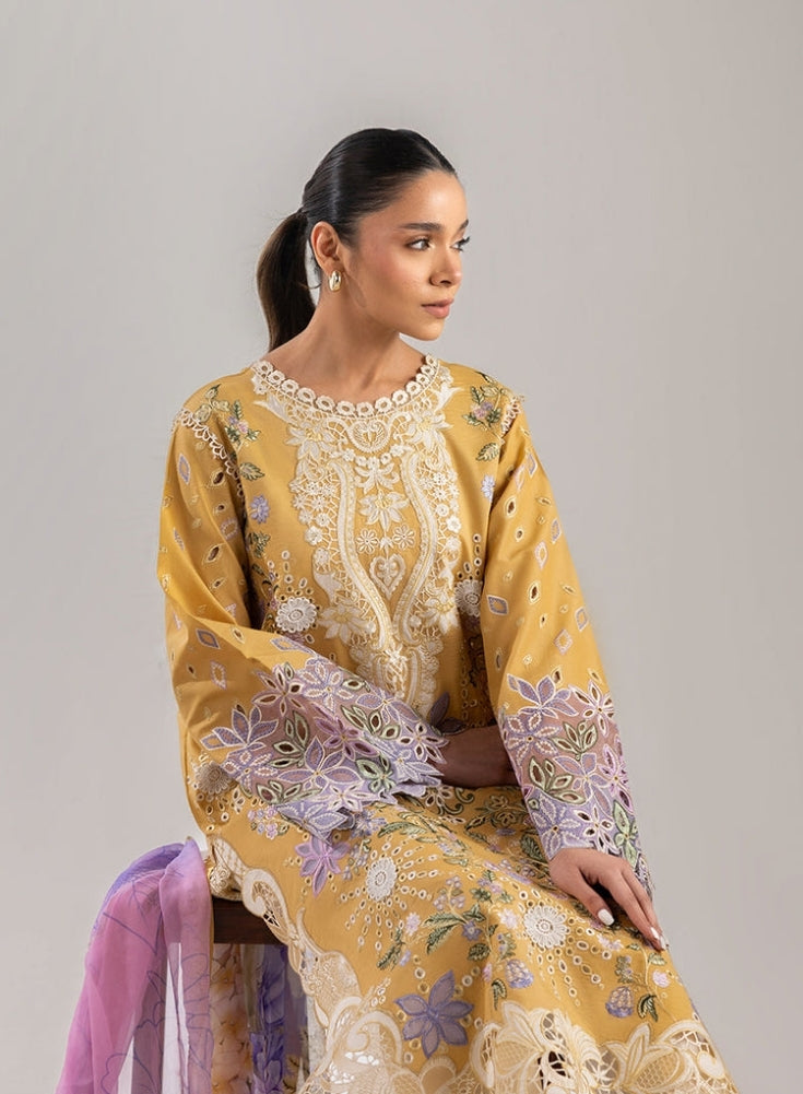 MUSHQ-3PC Yellow Lavander LAWN CHIKAN EMBROIDERED SHIRT WITH CHIFFON PRINTED DUPATTA & EMB TROUSER
