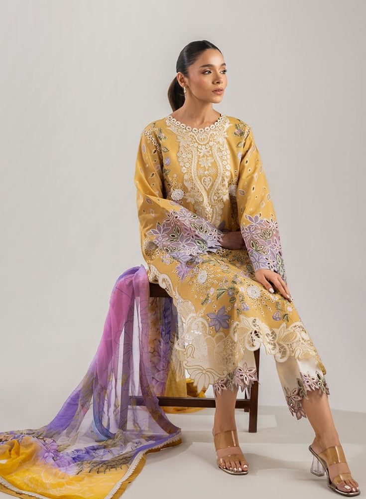 MUSHQ-3PC Yellow Lavander LAWN CHIKAN EMBROIDERED SHIRT WITH CHIFFON PRINTED DUPATTA & EMB TROUSER