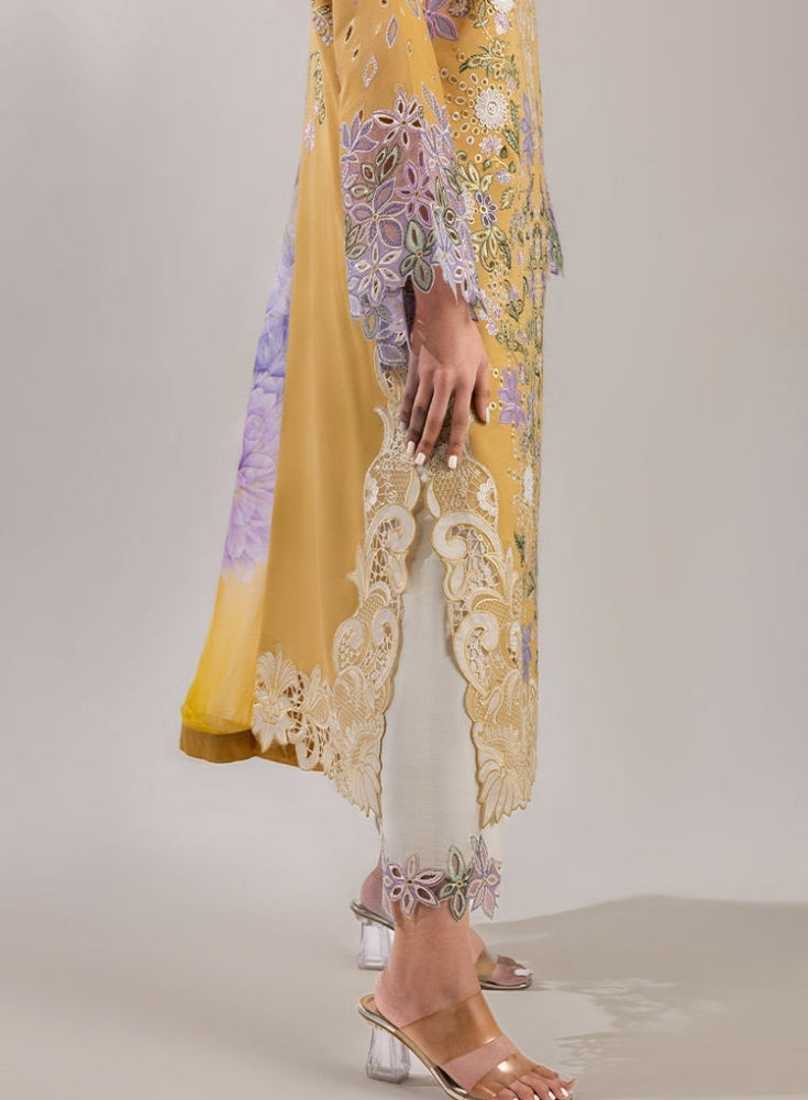 MUSHQ-3PC Yellow Lavander LAWN CHIKAN EMBROIDERED SHIRT WITH CHIFFON PRINTED DUPATTA & EMB TROUSER