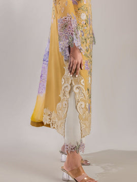 MUSHQ-3PC Yellow Lavander LAWN CHIKAN EMBROIDERED SHIRT WITH CHIFFON PRINTED DUPATTA & EMB TROUSER