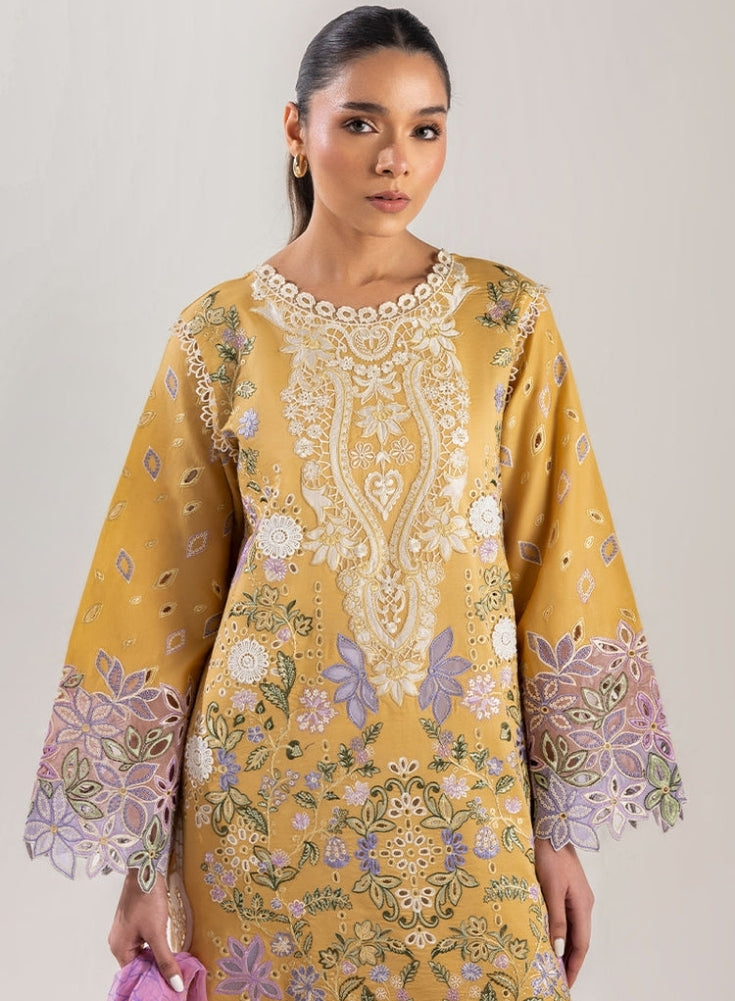 MUSHQ-3PC Yellow Lavander LAWN CHIKAN EMBROIDERED SHIRT WITH CHIFFON PRINTED DUPATTA & EMB TROUSER
