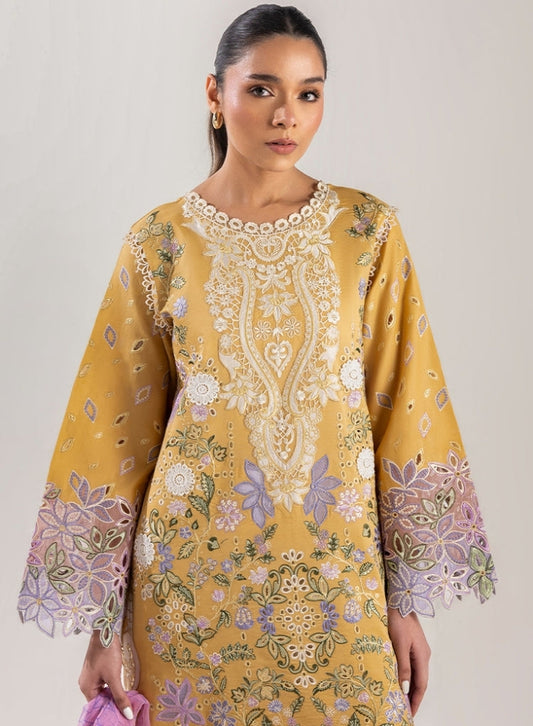 MUSHQ-3PC Yellow Lavander LAWN CHIKAN EMBROIDERED SHIRT WITH CHIFFON PRINTED DUPATTA & EMB TROUSER