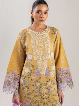 MUSHQ-3PC Yellow Lavander LAWN CHIKAN EMBROIDERED SHIRT WITH CHIFFON PRINTED DUPATTA & EMB TROUSER