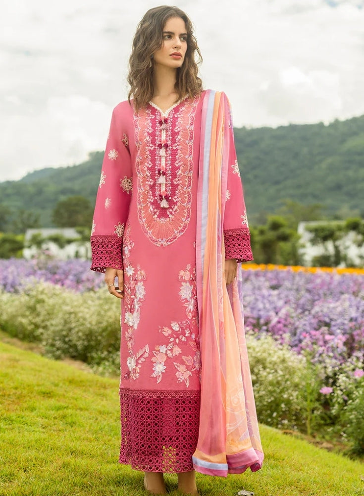 MUSHQ-3PC PINK LAWN EMBROIDERED SHIRT WITH CHIFFON PRINT DUPATTA & TROUSER
