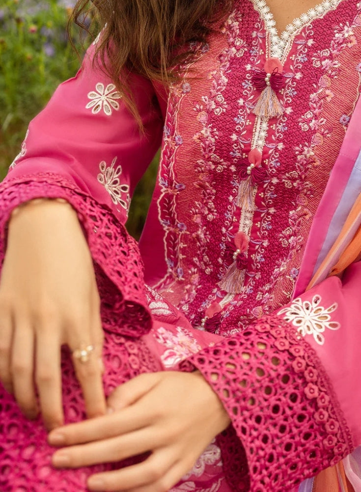 MUSHQ-3PC PINK LAWN EMBROIDERED SHIRT WITH CHIFFON PRINT DUPATTA & TROUSER