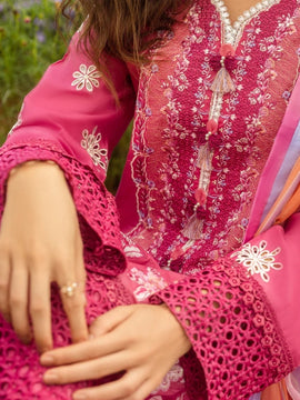 MUSHQ-3PC PINK LAWN EMBROIDERED SHIRT WITH CHIFFON PRINT DUPATTA & TROUSER