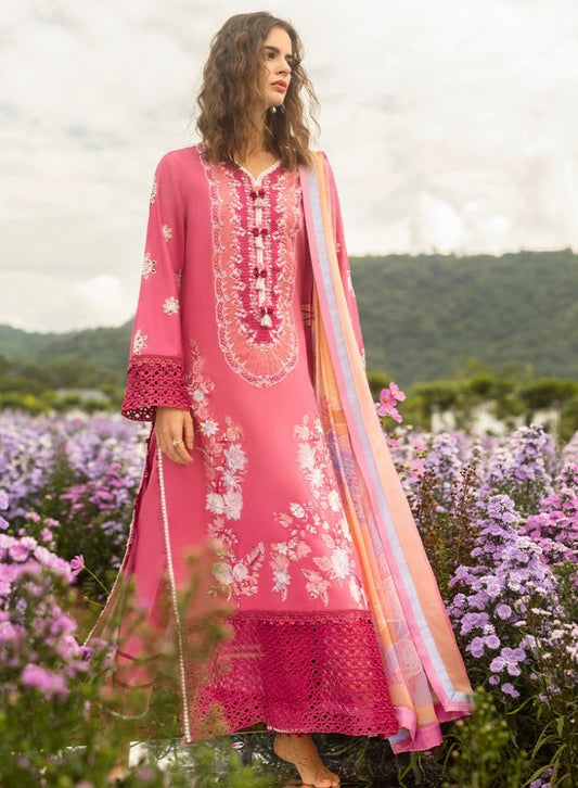 MUSHQ-3PC PINK LAWN EMBROIDERED SHIRT WITH CHIFFON PRINT DUPATTA & TROUSER