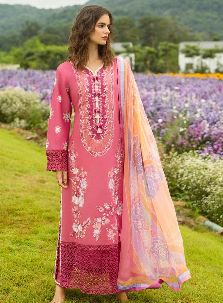 MUSHQ-3PC PINK LAWN EMBROIDERED SHIRT WITH CHIFFON PRINT DUPATTA & TROUSER