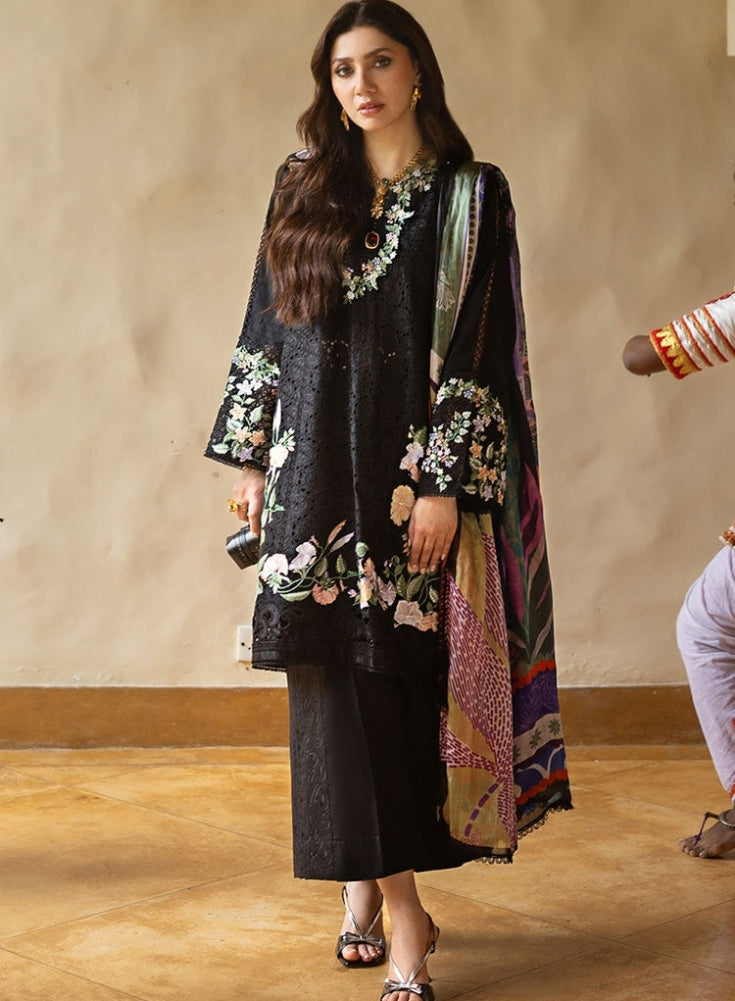 MUSHQ-3PC Black LAWN EMBROIDERED SHIRT WITH MONARK PRINT DUAPATTA AND TROUSER