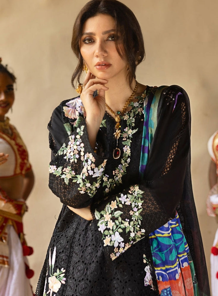 MUSHQ-3PC Black LAWN EMBROIDERED SHIRT WITH MONARK PRINT DUAPATTA AND TROUSER
