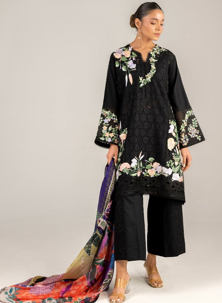 MUSHQ-3PC Black LAWN EMBROIDERED SHIRT WITH MONARK PRINT DUAPATTA AND TROUSER