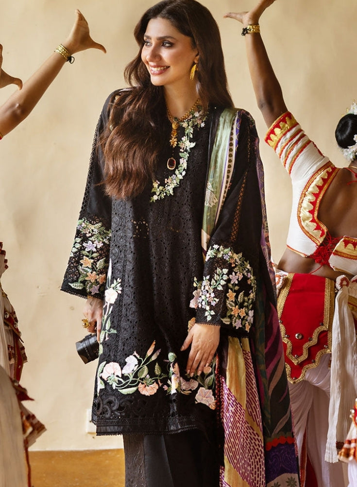 MUSHQ-3PC Black LAWN EMBROIDERED SHIRT WITH MONARK PRINT DUAPATTA AND TROUSER