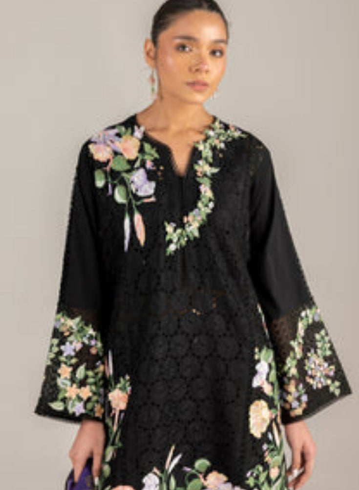 MUSHQ-3PC Black LAWN EMBROIDERED SHIRT WITH MONARK PRINT DUAPATTA AND TROUSER