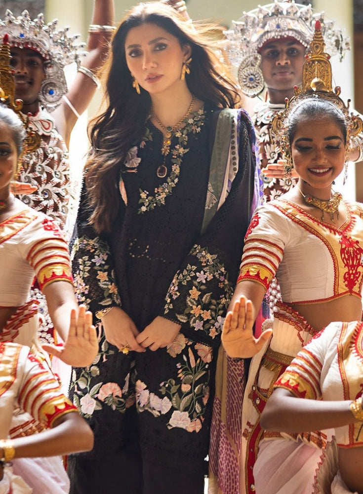 MUSHQ-3PC Black LAWN EMBROIDERED SHIRT WITH MONARK PRINT DUAPATTA AND TROUSER